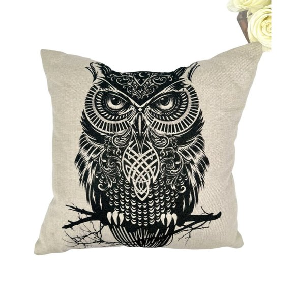 Linen Look Owl Print Throw Pillow Cover & Pillow Insert Home Decor Tan Black - Picture 1 of 5